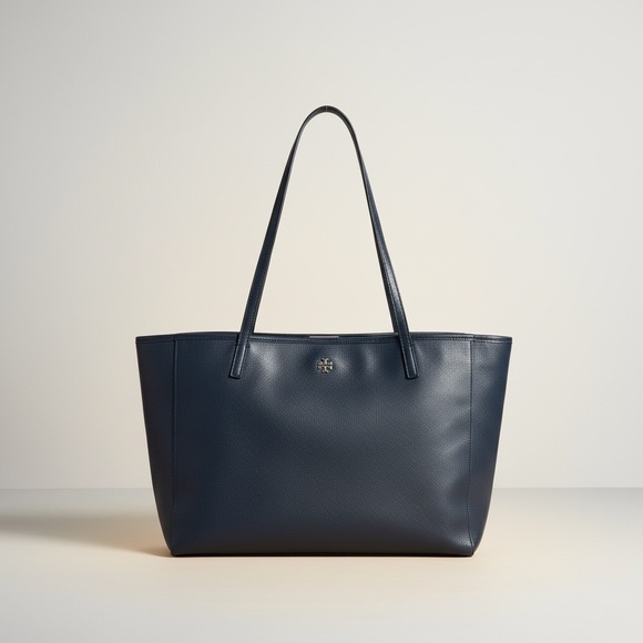 ✨ Tory Burch Navy Saffiano Leather Tote Work Laptop Bag Gold Logo - Picture 13 of 14